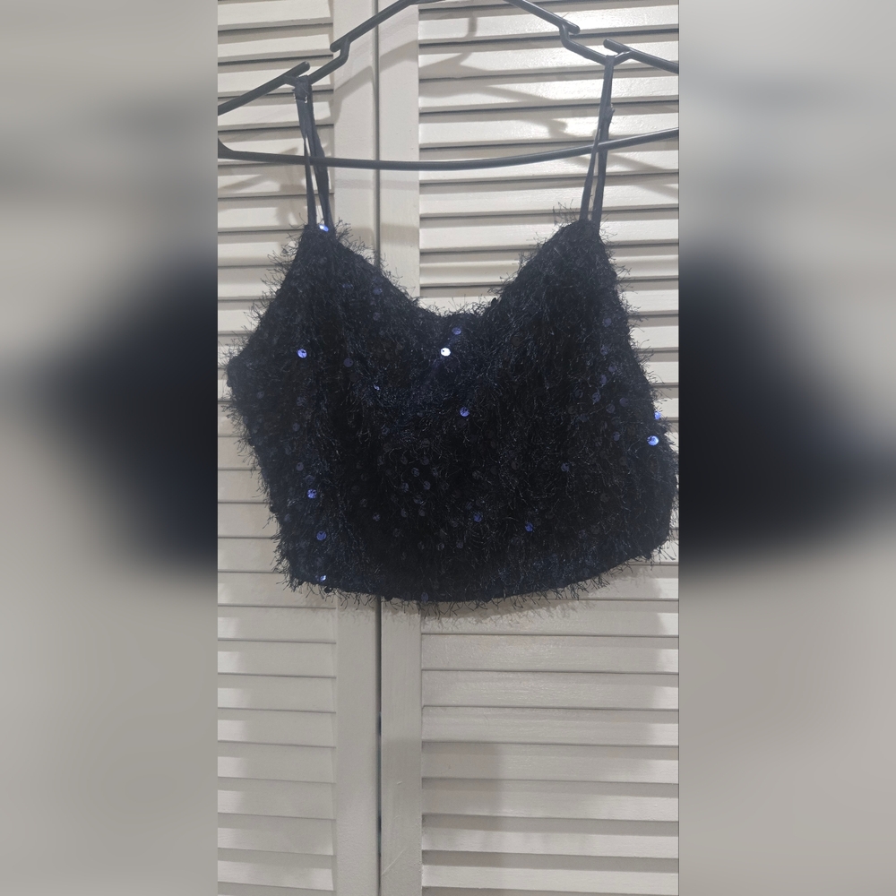 Blue Fuzzy Sequin Top